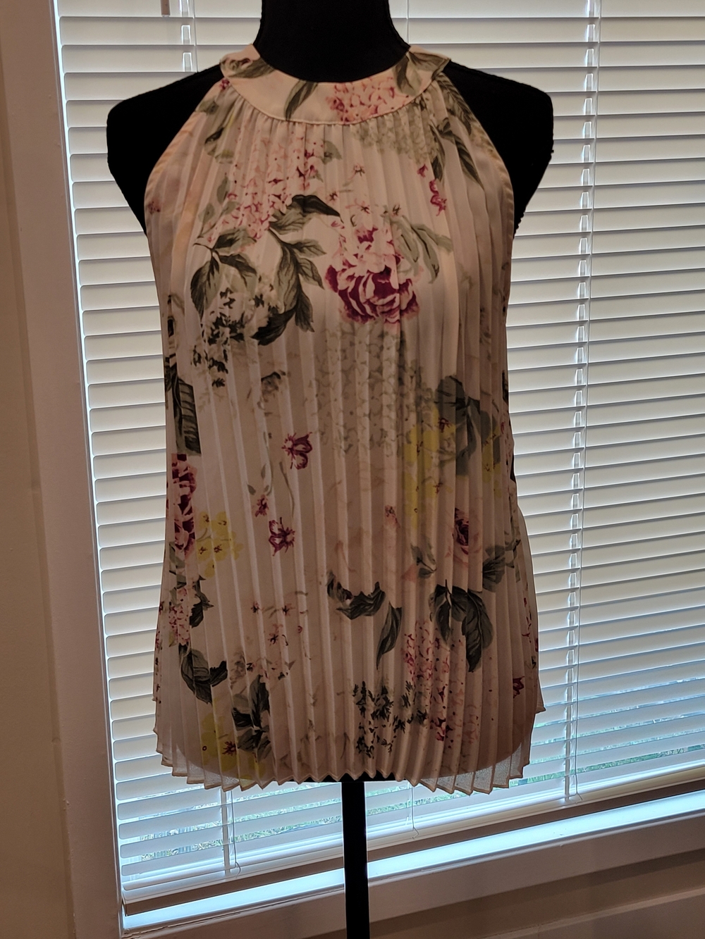 Joie Pleated Halter Floral Silk Top in Cream with Pink and Green